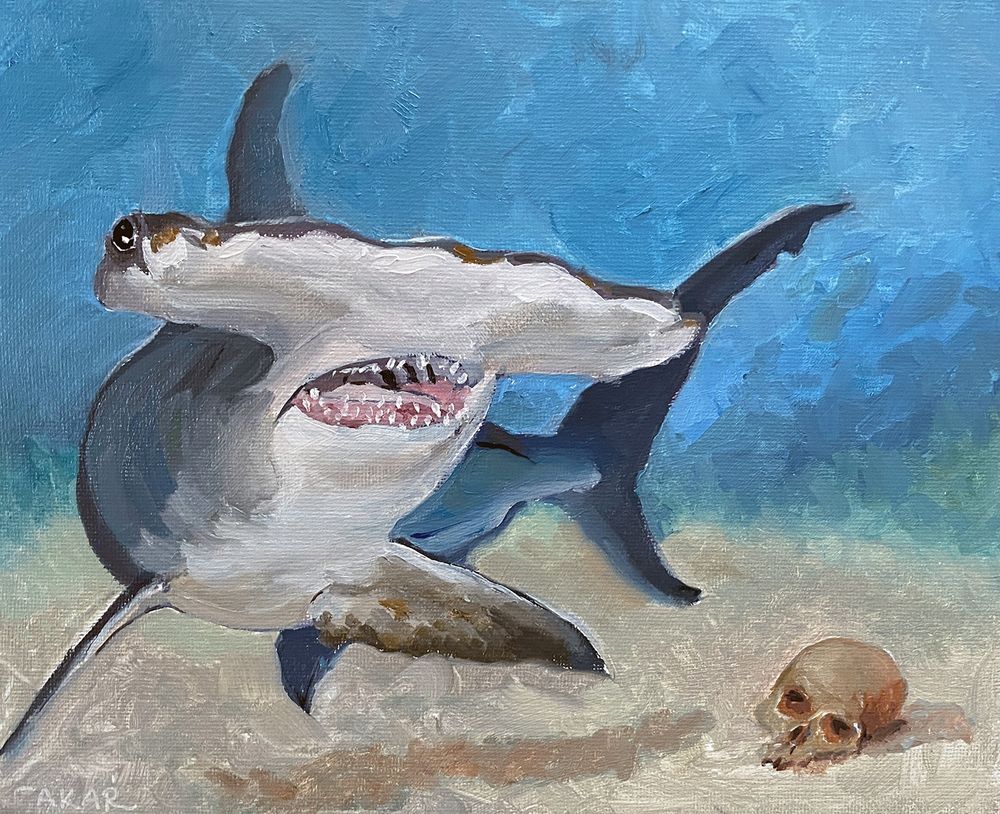 Oil painting of a hammerhead shark and a skull 
