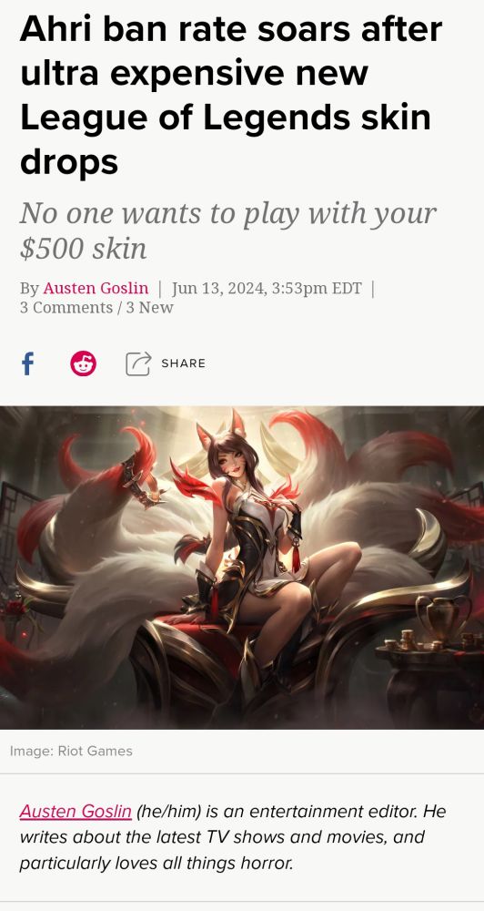 An article with the headline "Ahri ban rate soars after ultra expensive new League of Legends skin drops" with subtitle "No one wants to play with your $500 skin".