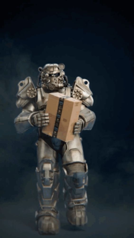 a robot is holding a cardboard box that says ' io ' on it