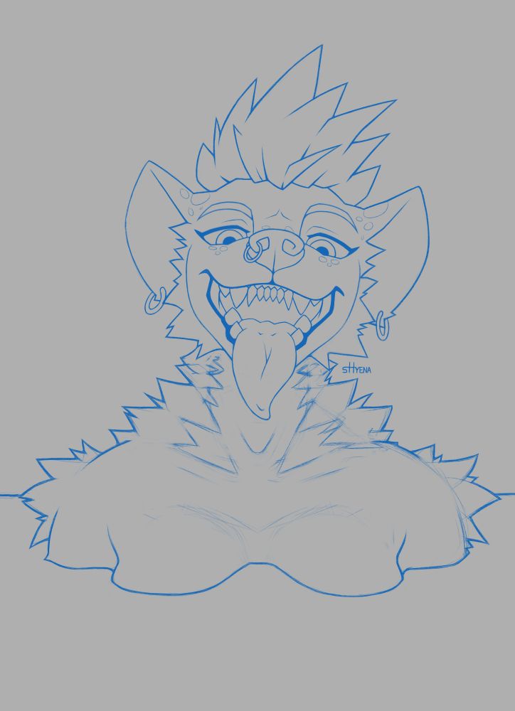 A sketch of My OC Sabine the Hyena opening her mouth wide with a smile, her tongue flopped out, and seemingly submerged up to her chest in some kind of liquid.