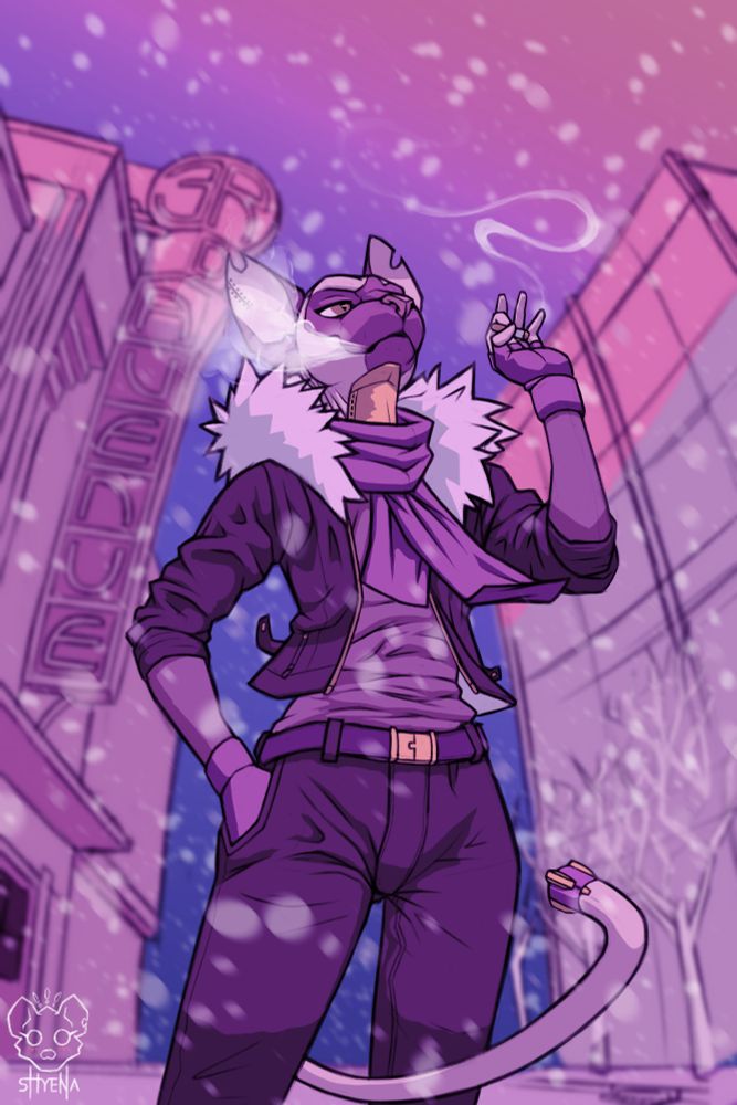 A color sketch of my OC Mu the hairless cat.  They're wearing a cropped jacket with a fur rough, sleeves rolled up to just above the elbows and wearing fingerless gloves while blowing out smoke from the corner of their mouth as they look to be flicking their spent cigarette.  A building behind them has an art-deco sign hanging off the side that reads, "3rd Avenue."  Some leafless trees line the sidewalk to their left, with another 4-story or so building above them.