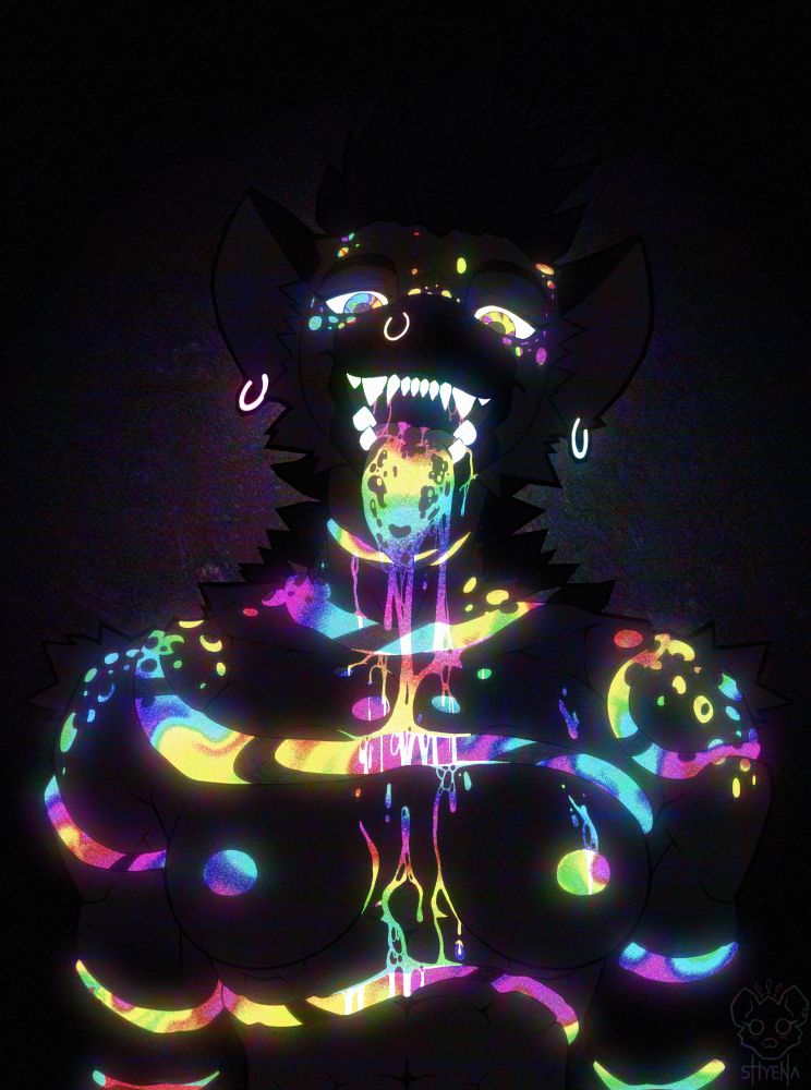 My OC Sabine the Hyena in a dark room.  There appear to be cuts, or ribbons of her skin removed, the inside of her body glowing in various colors as if she were an empty shell made of paper.  She drools similarly colorful glowing saliva down her face and it drips into the pieces of her skin that are missing.