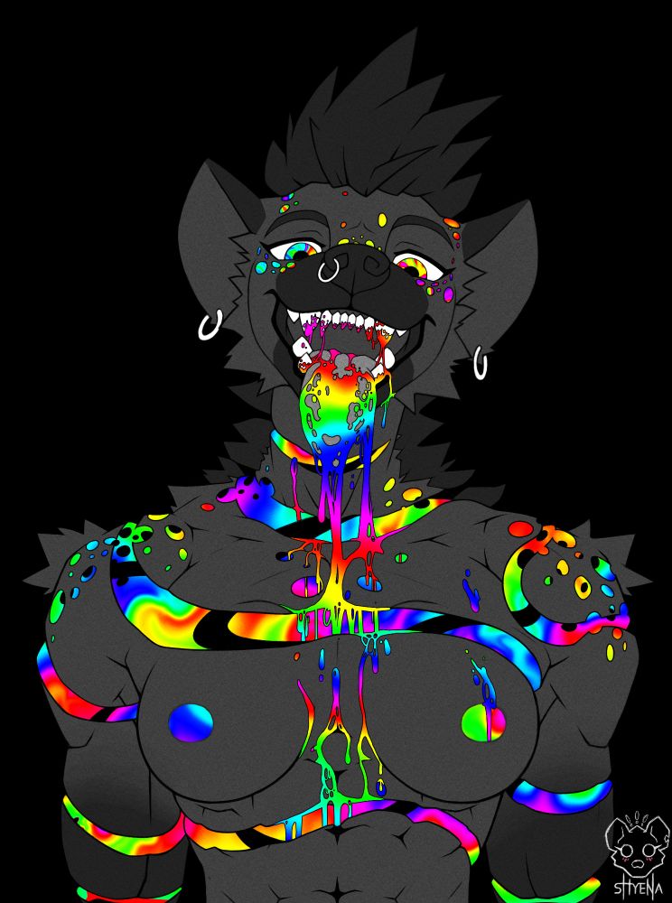 My OC Sabine the Hyena in a dark room.  There appear to be cuts, or ribbons of her skin removed, the inside of her body glowing in various colors as if she were an empty shell made of paper.  She drools similarly colorful glowing saliva down her face and it drips into the pieces of her skin that are missing.