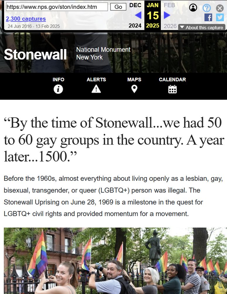 A wayback machine screengrab of the National Parks Service website for Stonewall that reads "Before the 1960s, almost everything about living openly as a lesbian, gay, bisexual, transgender, or queer (LGBTQ+) person was illegal."