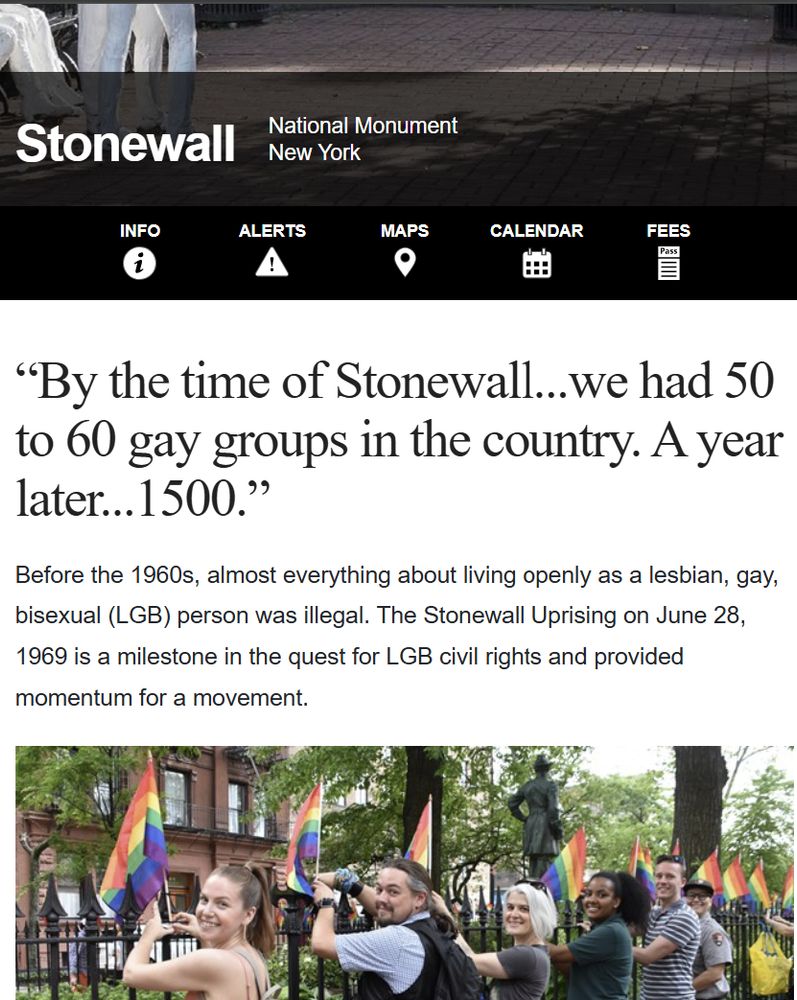 A screengrab of the current National Parks Service website for Stonewall that reads "Before the 1960s, almost everything about living openly as a lesbian, gay, bisexual (LGB) person was illegal."