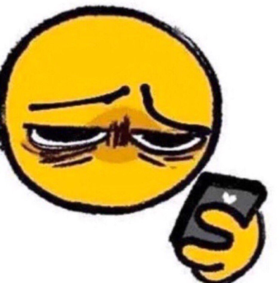 A tired-looking emoji face looking down at a phone in its disembodied hand