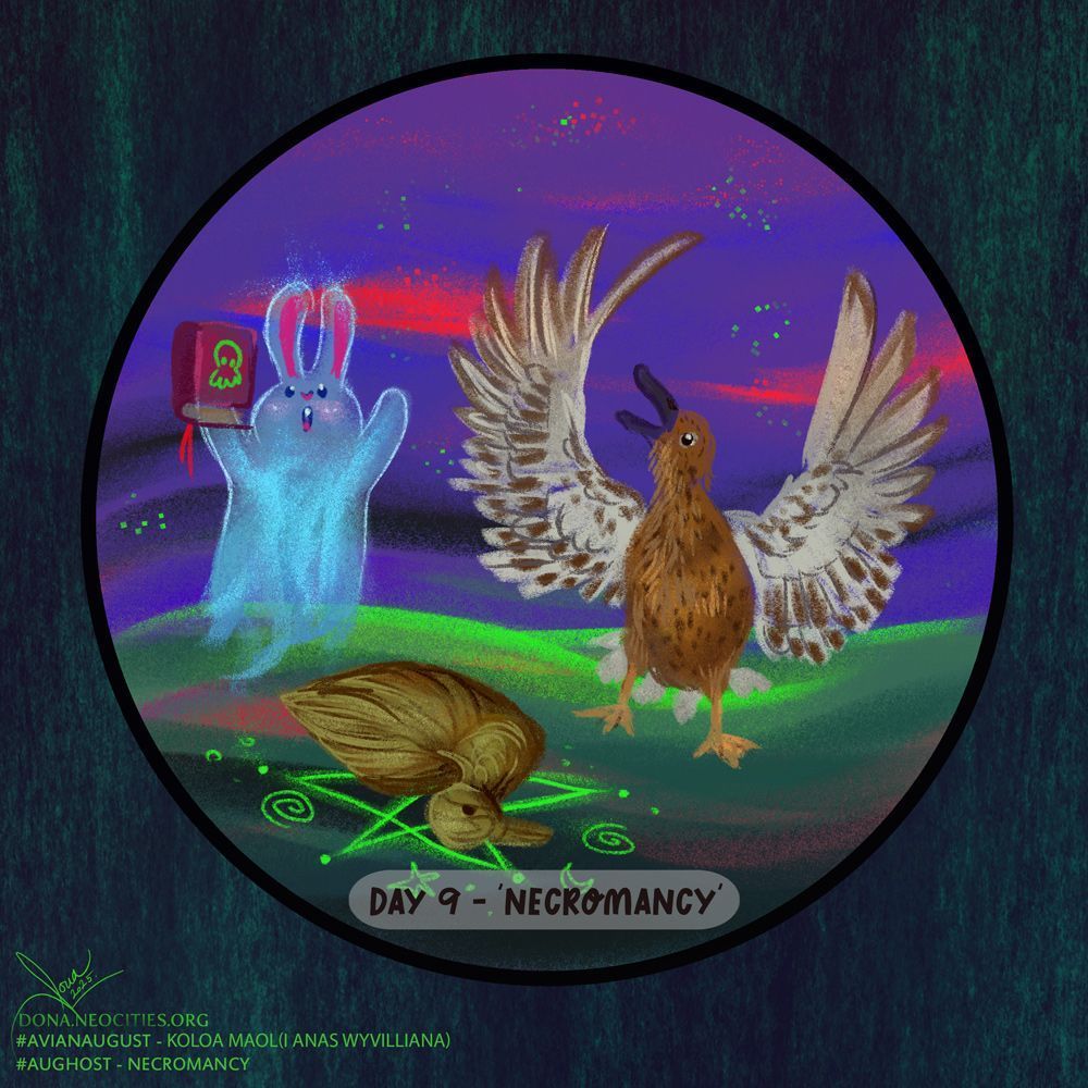Digital art mimicking soft pastels. Hawaiian Duck and ghost bunny standing in the night with their wings and arms raised, chanting. Bunny is holding a red book with a scribbly skull on it. A wooden duck is laying over a glowing pentagram sigil in front of them.