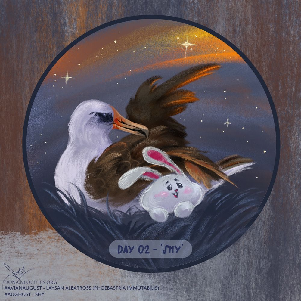 Digital art mimicking soft pastels. Ghost bunny hides beneath the laysan albatross' fluffy wings and shyly watches the stars.