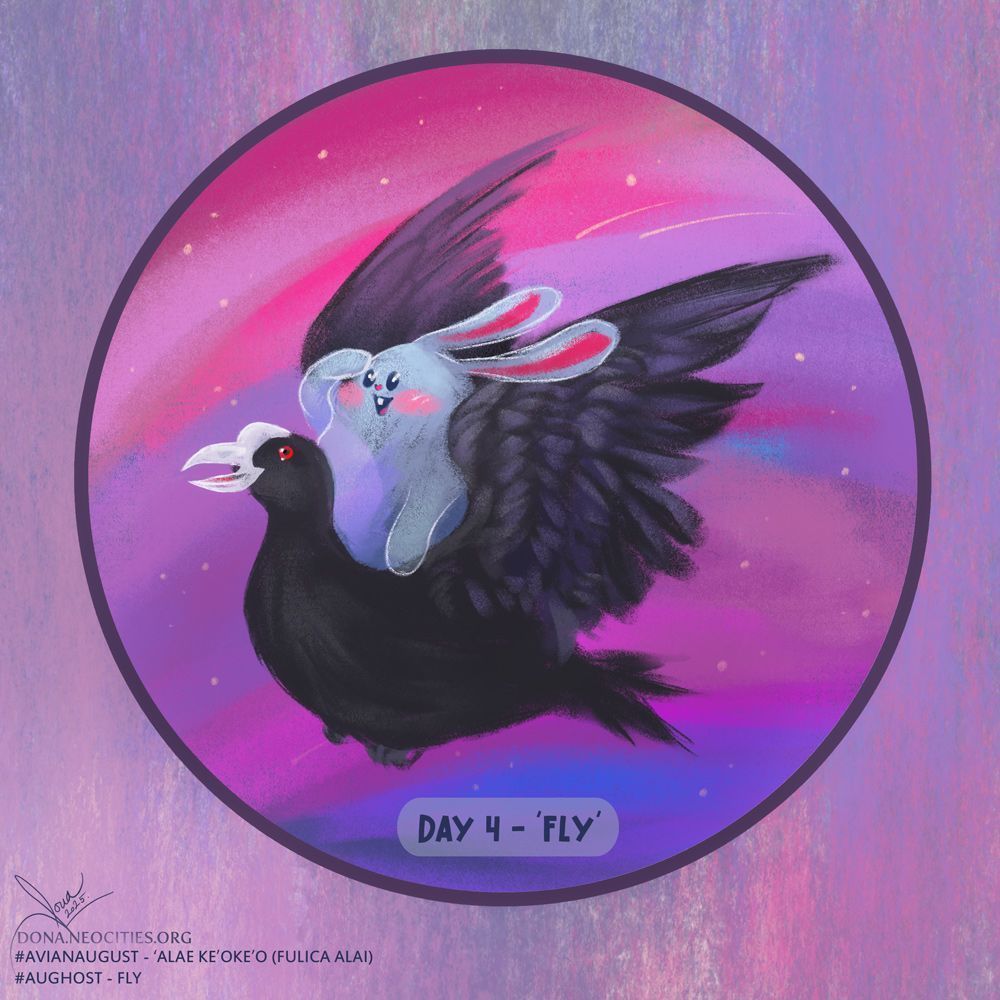 Digital art mimicking soft pastels. Happy ghost bunny is carried by the Hawaiian coot, both smiling as they soar through the pink skies.