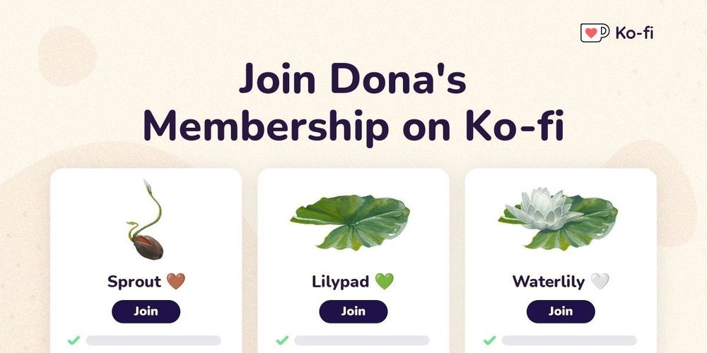 Some of the Ko-Fi Membership tiers, including Sprout, Lilypad and Waterlily.