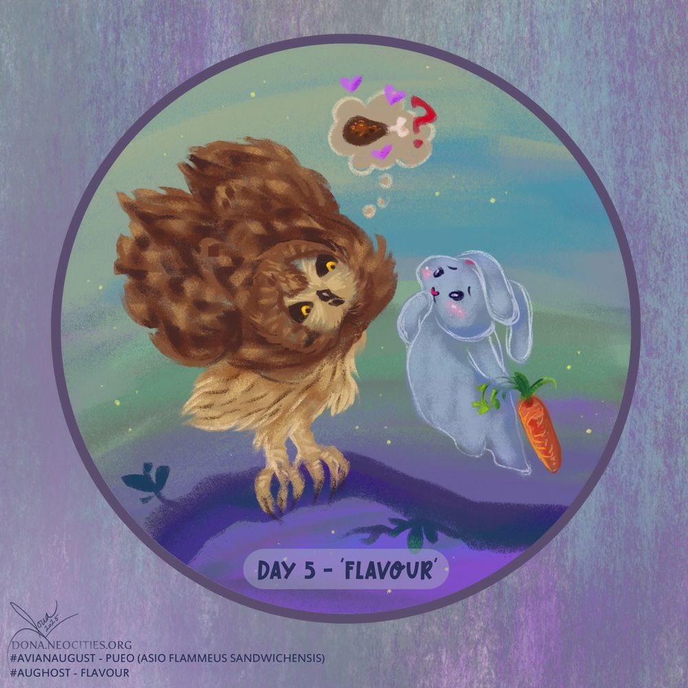 Digital art mimicking soft pastels. Pueo owl is fluffed up and curiously checking out the ghost bunny, wondering if it could take a quick peck. The bunny is holding a carrot and is equally mystified by the fluffy friend.