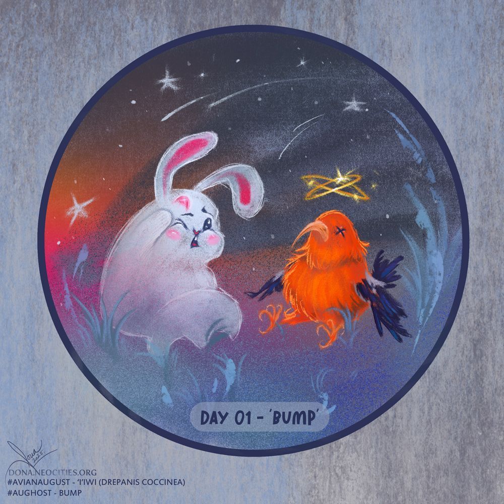 Digital drawing mimicking soft pastels. A cute ghost bunny bumped into 'i'iwi (scarlet honeycreeper) bird and they are both sitting in grass looking a little dazed. The bunny is rubbing its head that has a large bump on it.