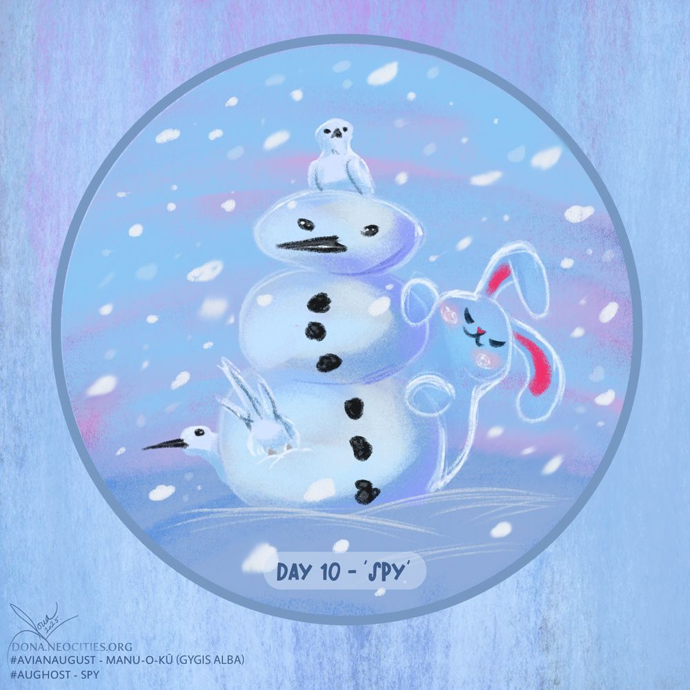 Digital art mimicking soft pastels, in baby blues and pinks. A snowman with a face similar to the manu-o-ku bird stands in snowstorm, with two white birds and a bird butt sticking out from all over it. Ghost bunny is peeking out from behind the snowman, smiling mischievously. 