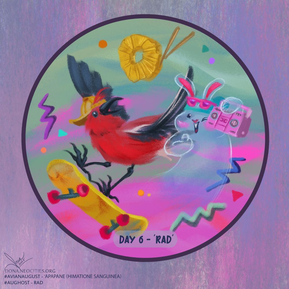 90s style digital drawing mimicking soft pastels. The 'apapane bird is happily showing off its skateboarding skills while wearing a rad yellow baseball cap, turned backwards of course. The ghost bunny is holding a pink old school boombox, giving thumbs up. The bunny is wearing a teal baseball cap (also backwards) and neon pink sunglasses.