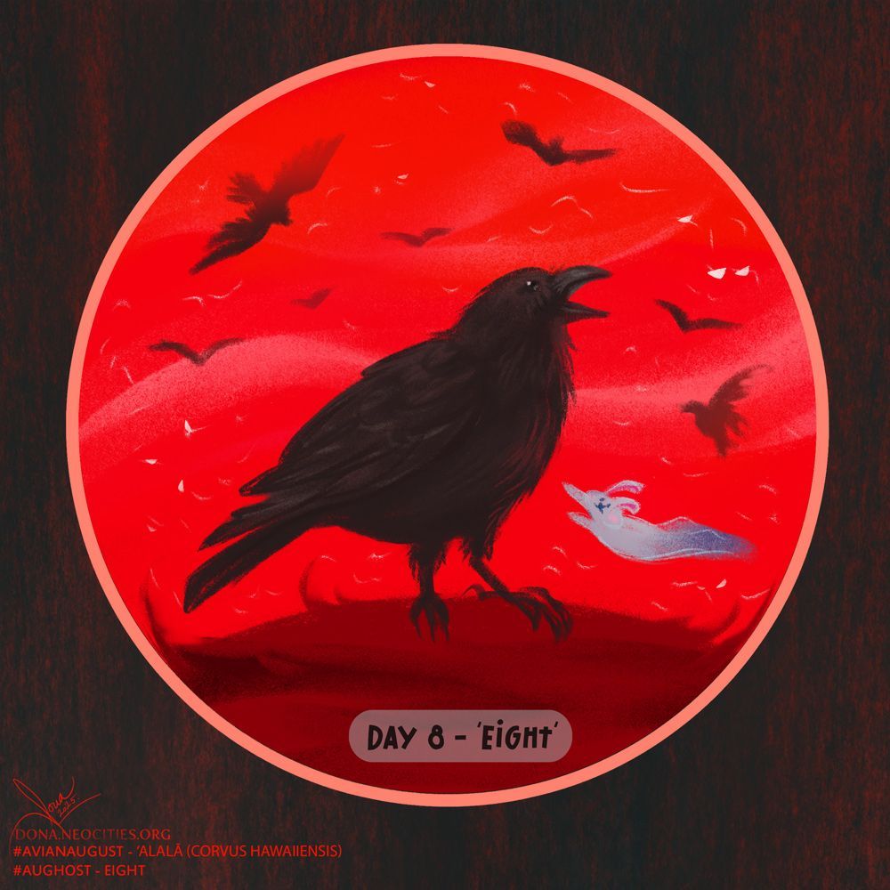 Digital art mimicking soft pastels, drawn in bright reds and blacks. Hawaiian crow sings in the front, seven silhouettes of crows fly in the back. Ghost bunny is flying with them.
