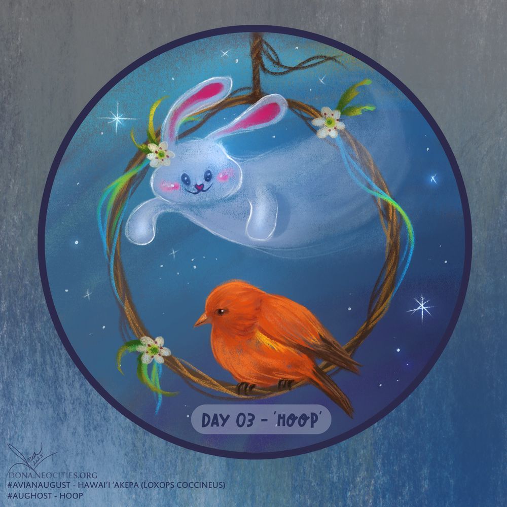 Ghost bunny smiles as it flies into the hoop made of naio flowers and vines. The small Hawai'i 'ākepa (honeycreeper) bird is perched and fluffed up.