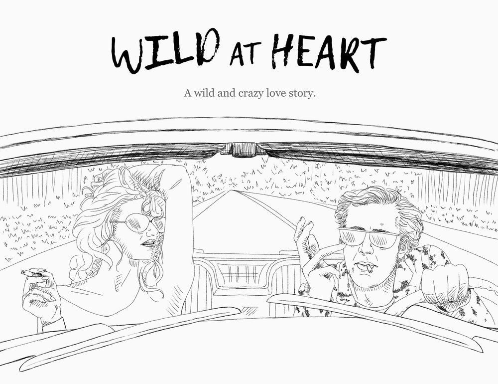 Black and white drawing of Lula and Sailor driving with the top down and dancing in their seats in Wild at Heart. 