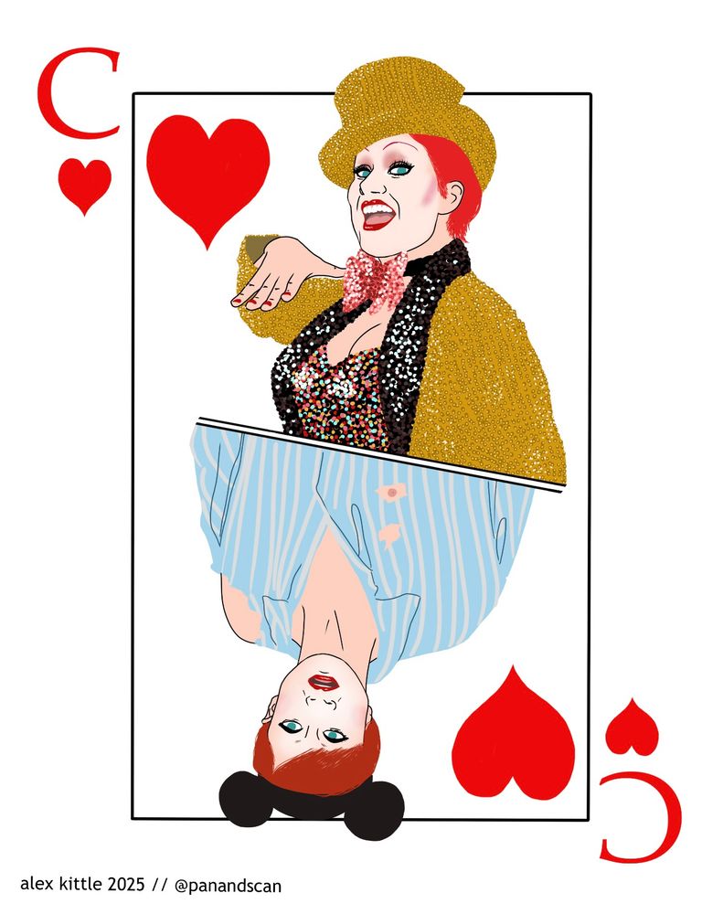 My digital illustration of Columbia in Rocky Horror in the style of a playing card, one side is her sequined outfit from The Time Warp and the other is her pajamas outfit before the floor show. 