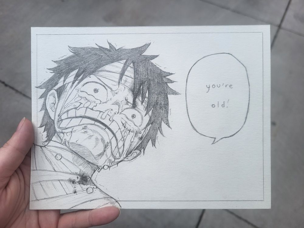 Luffy from One Piece crying and injured saying "you're old" 