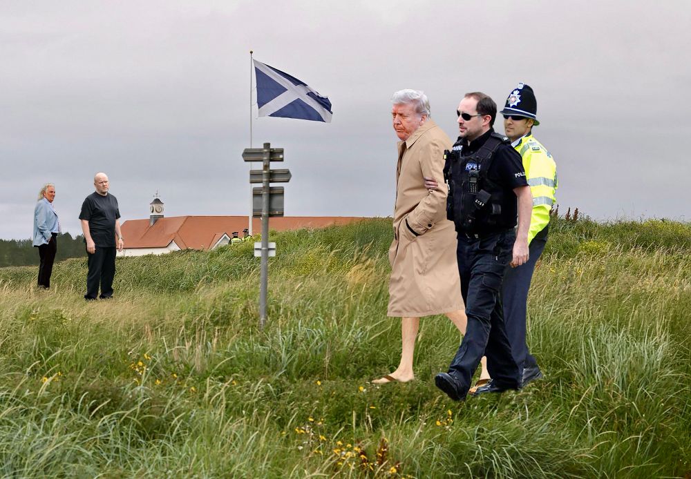 Trump arrested for being a nonce at his Scottish golf course. Phil Mitchell and Gerry Francis look on