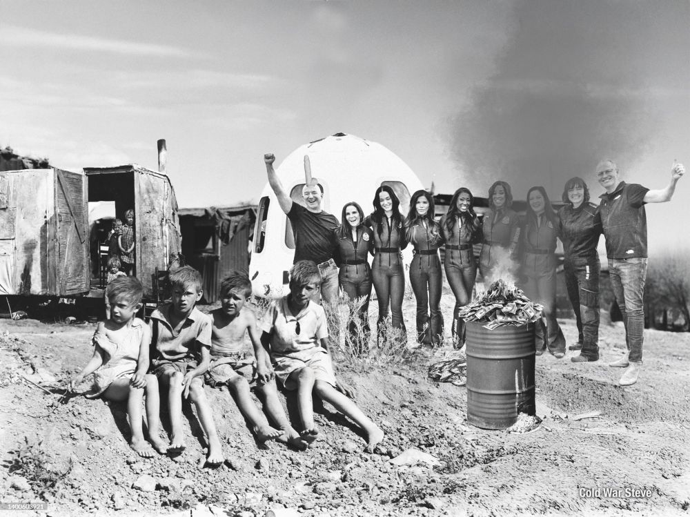 Photomontage of depression era America, with Jeff Bezos and the crew of his latest multi million dollar Blue Origin space-jizz