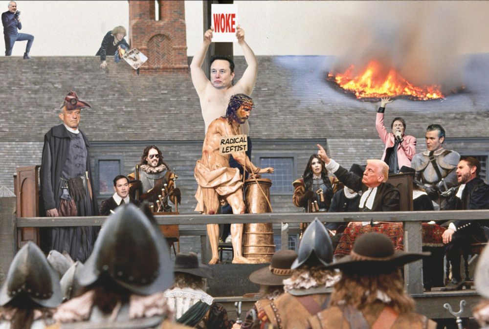 Jesus the woke radical leftist being tried by ultra-Christians Trump, Musk etc. in the background Rod Hull attempts to adjust his squarial (with a murderous looking Gyles Brandreth watching on)