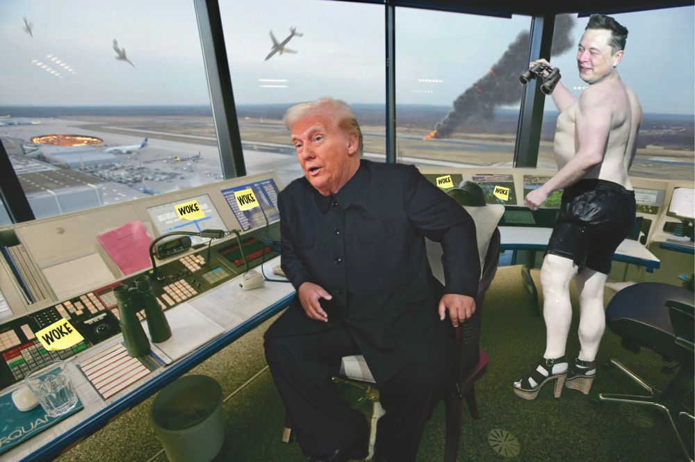 Trump and Musk in an air traffic control tower. Post-it notes with ‘woke’ written on them are stuck on all the safety equipment and controls 