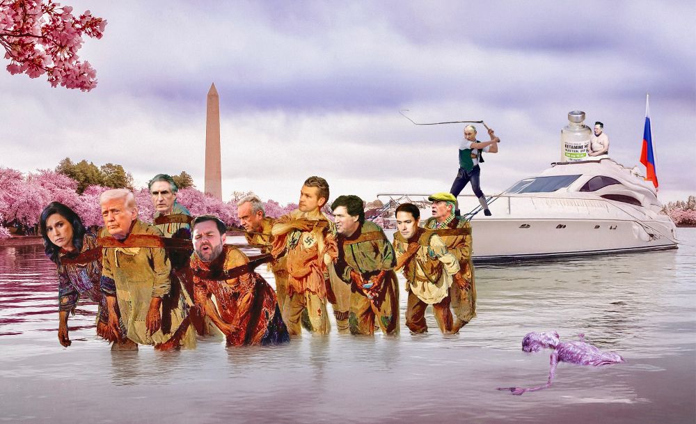 Figures from ‘The Barge Haulers on the Volga’ by Ilya Repin are now hauling Putin’s yacht on the Potomac river Washington DC. The haulers are Tulsi Gabbard, Trump, Doug Bergum, Vance, Kennedy Jr, Hegseth, Tucker Carlson, Marco Rubio and Farage. Musk is having a ride in the yacht. ET is floating dead on the river surface. 