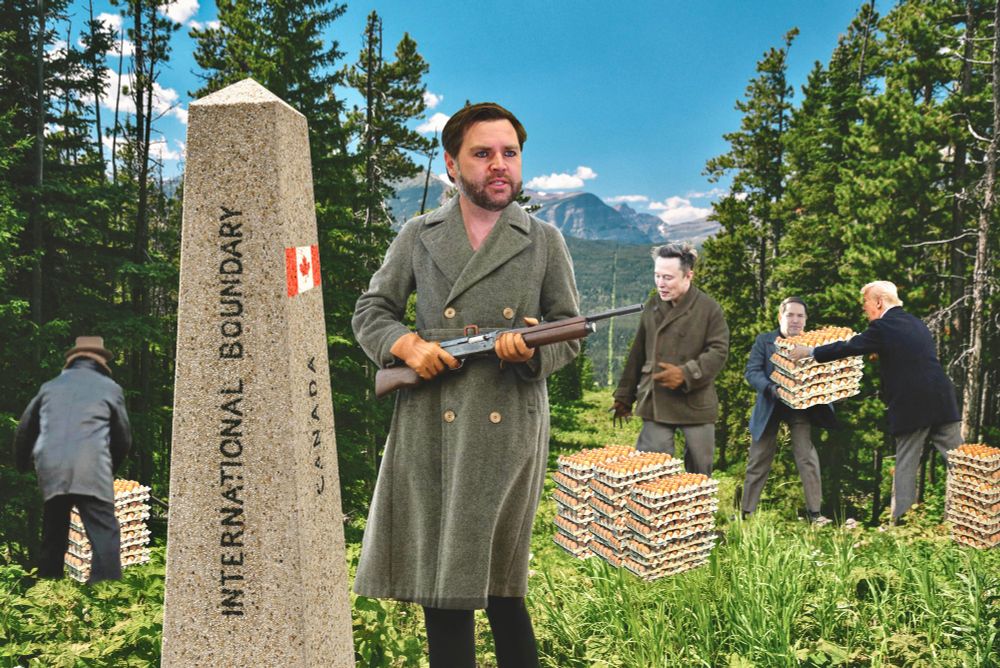 It’s reported that the U.S. is making more seizures of illegal eggs than fentanyl at its Canadian and Mexican borders. Here Vance, Musk, Trump and Rubio smuggle eggs over the border into the US