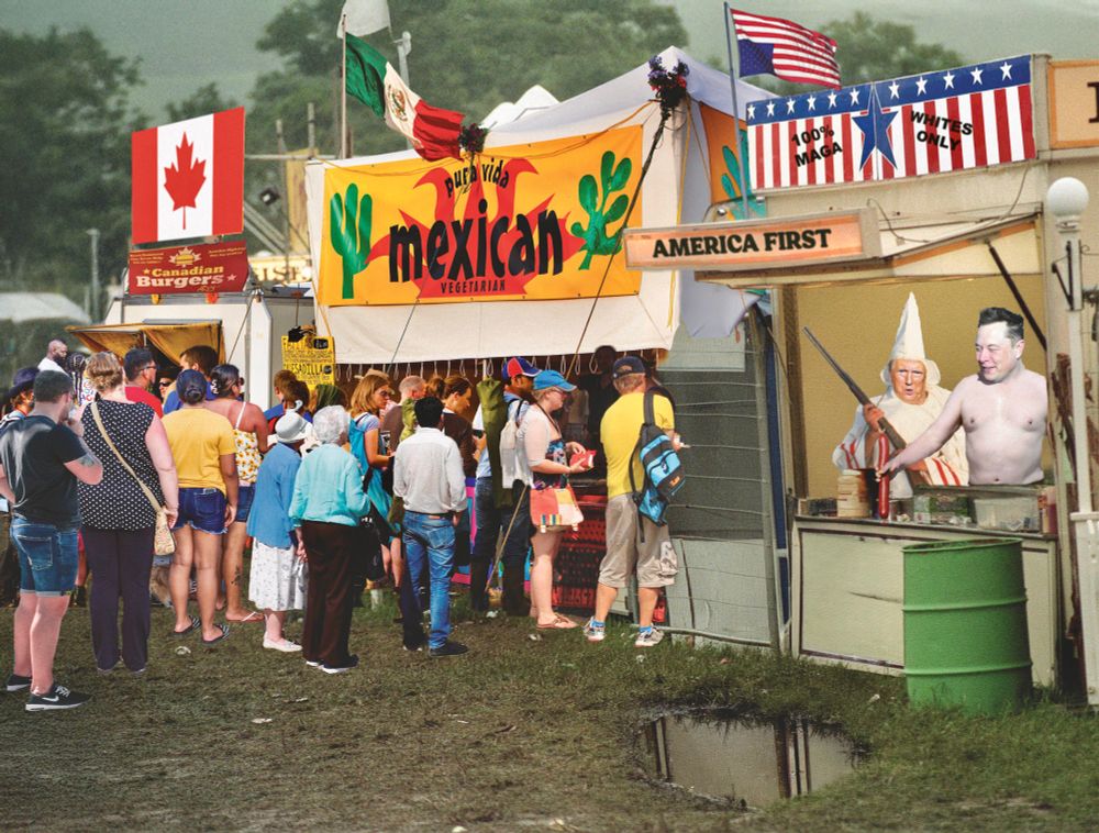 Food stalls at a festival, with long queues at the Mexican and Canadian ones - no one is outside the USA ‘America First’ stall run by Trump and Musk (who handles a fascist sausage)