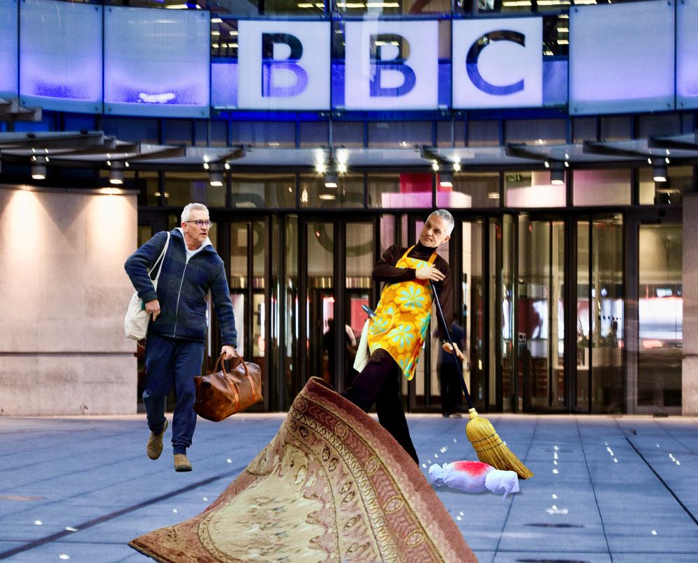 Gary Lineker leaving BBC. Director General Tim Davie sweeps a killed Palestinian child (a model of one) under a rug. 