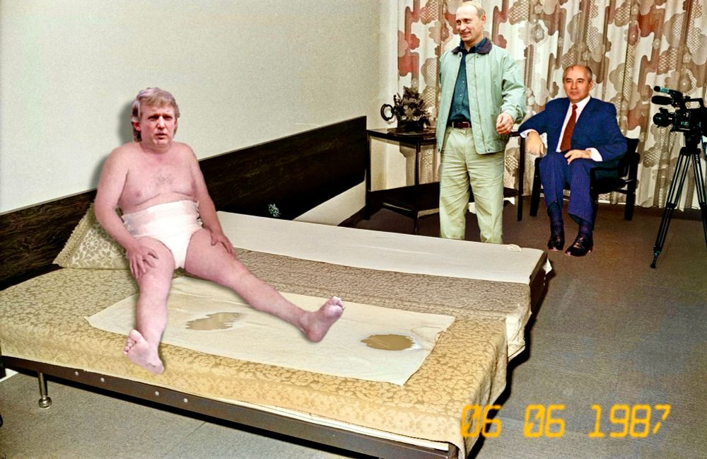 Seedy Moscow motel room 1987. Trump (in a nappy) sits on the bed. KGB Putin and Gorbachev look on. 