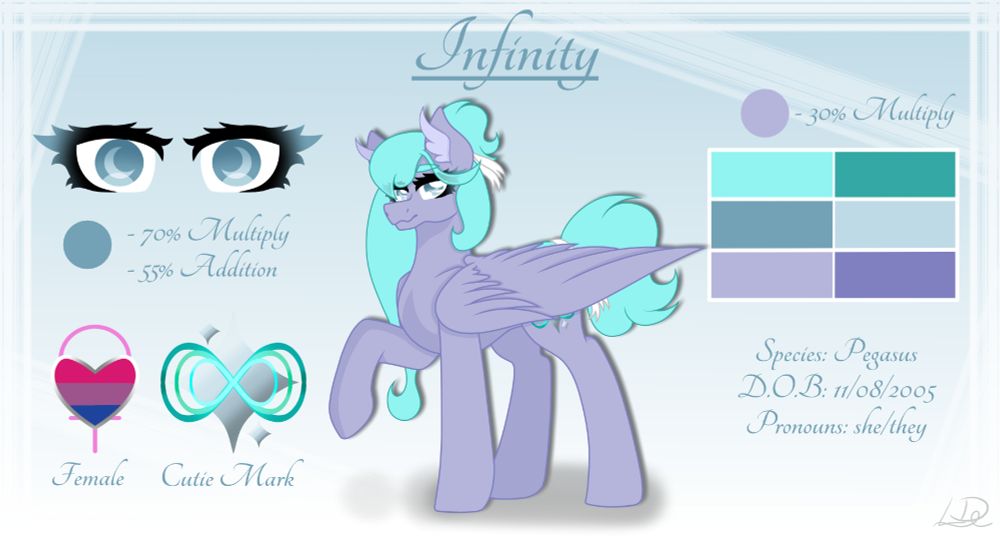 Infinity
Species: Pegasus
D.O.B: 11/08/2005
Pronouns: she/they