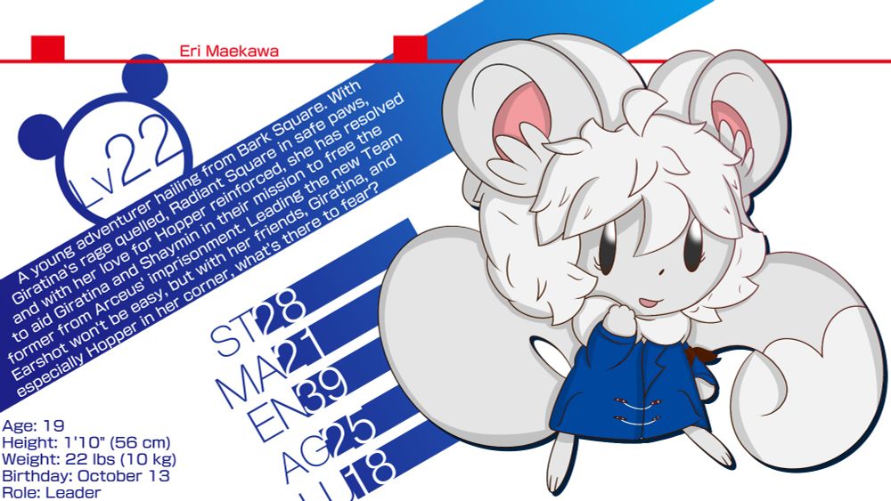 A stat screen mockup depicting a Cinccino, the character Eri Maekawa from Within Earshot. She is fully colored and shaded.
