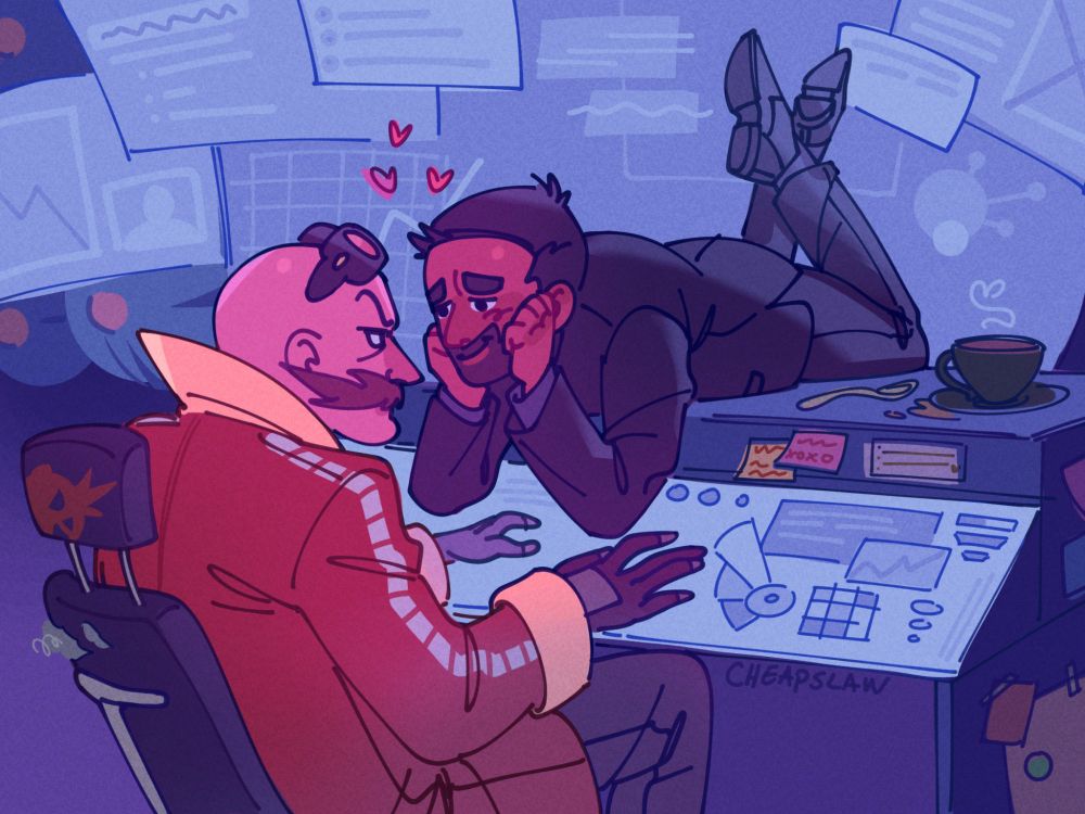 Fanart of agent stone and robotnik from the sonic movies. Agent stone is lying on a desk gazing lovingly at robotnik.