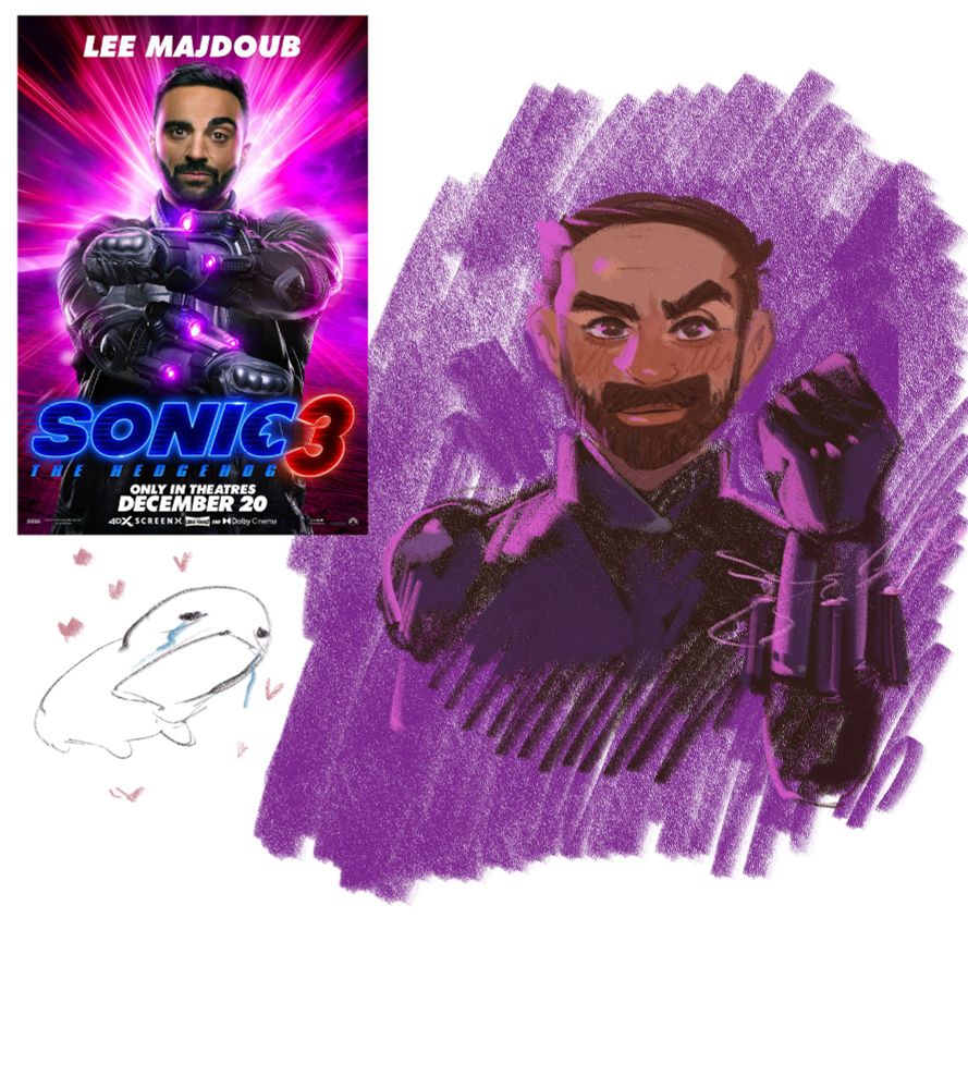 digital sketch of Agent Stone from the sonic movies next to his character poster from sonic 3. 