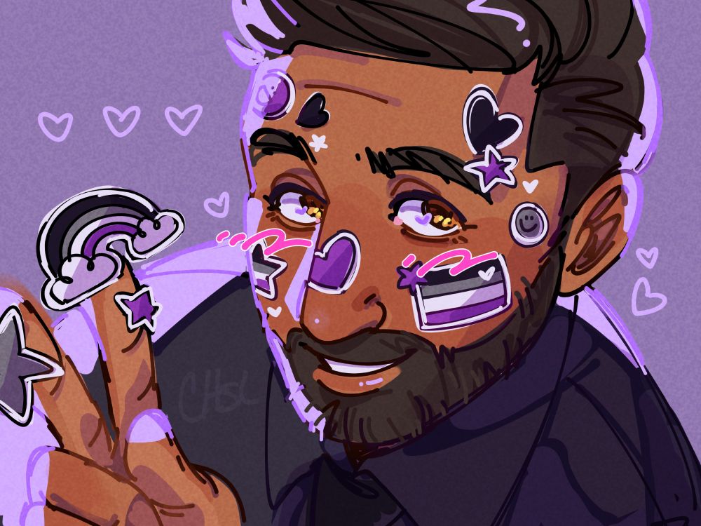 Agent Stone headshot, smiling, with ace stickers on his face and hand up in a peace sign