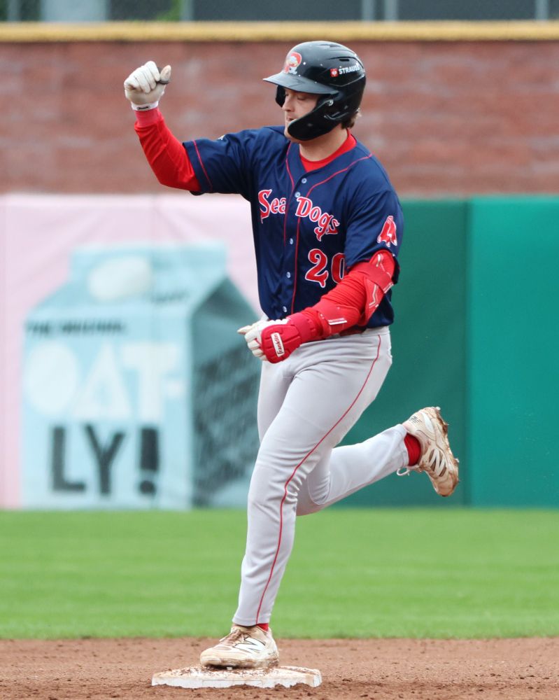 Portland Sea Dogs batter Blaze Jordan crosses second as he rounds the bases after his home run against the New Hampshire Fisher Cats.