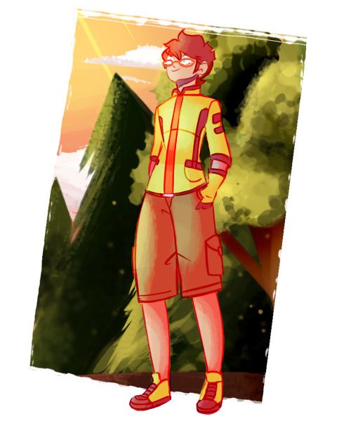 Terran, a young man with a fair complexion, brown hair and red glasses, standing in a field of deciduous and coniferous trees, looking up at the sky. He's dressed in a light green uniform with red and black accents and matching boots, as well as khaki shorts.