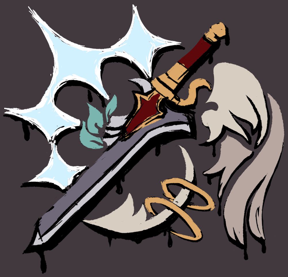 Sketch of Arcade's cameo icon, featuring his Durandal St. Elmo's Fire in the center spouting blue flames from Exceed, flanked by stylized pale blue stars representing his DT form's spears on the left and a wing on the right. Underneath the blade is his stylized DT tail.