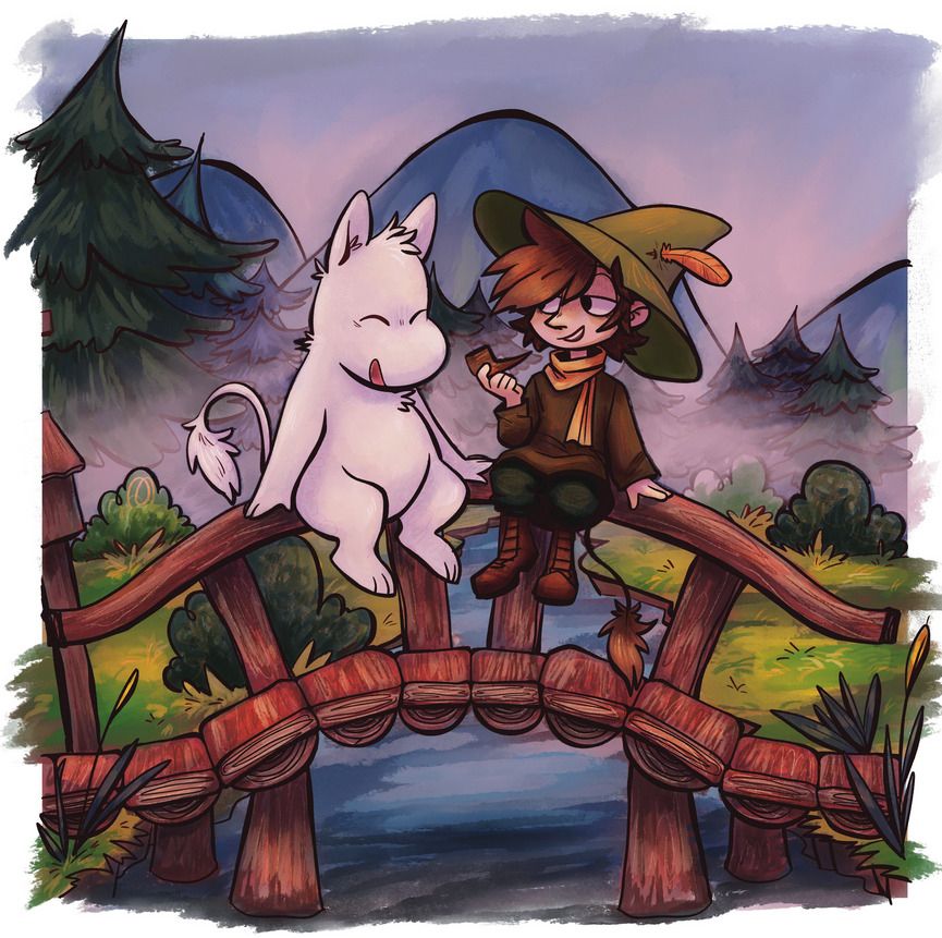 Illustration of Moomin troll and Snufkin sitting on the bridge in Moomin valley laughing and talking.