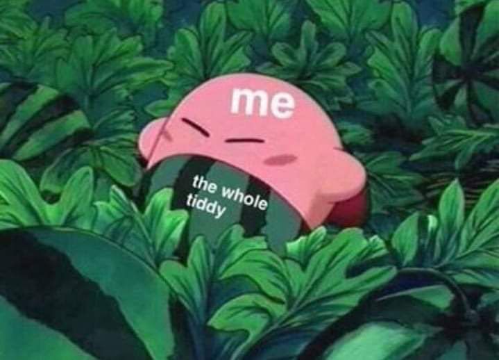 A meme of Kirby attempting to eat an entire watermelon. The watermelon is labelled “the whole tiddy”.