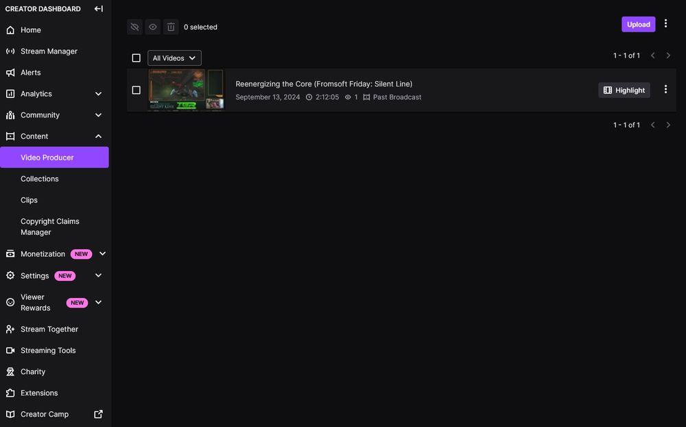 A screenshot of a twitch dashboard, barren, aside from the most recent stream.
