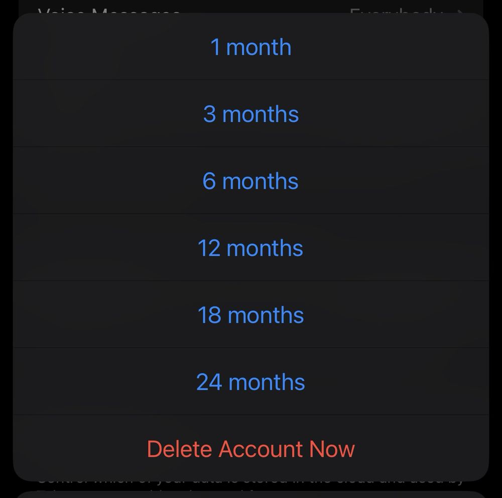 The options from the last image. It presents options for 1 month, 6, 12, 18, or 24. There is also an option colored red that says "Delete Account Now"