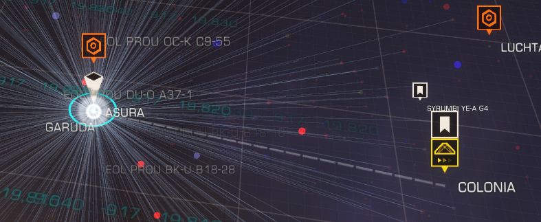 A screenshot of the game Elite Dangerous. 

A cutout of Elite's galaxy map, zoomed in to show a number of star systems with the Asura system targeted. A few other names are visible - Colonia being one jump away and indicated as my last visited system. 

