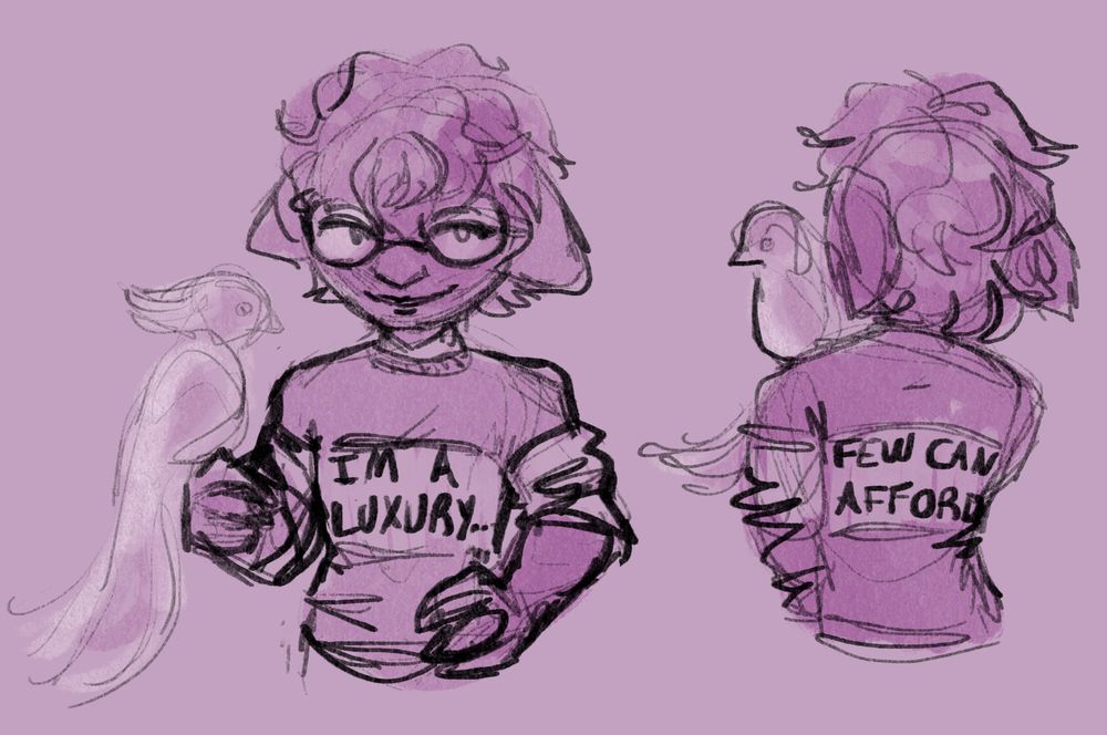 This was a dumb idea but I love it. Here we have Aavic, posing for the camera from the front and back perspectives. He's got his hand on his hip and he's wearing a sweater that reads 'I'm a luxury...' on one side and 'few can afford' on the other. In his other hand, he's got an illusory bird just to be extra.