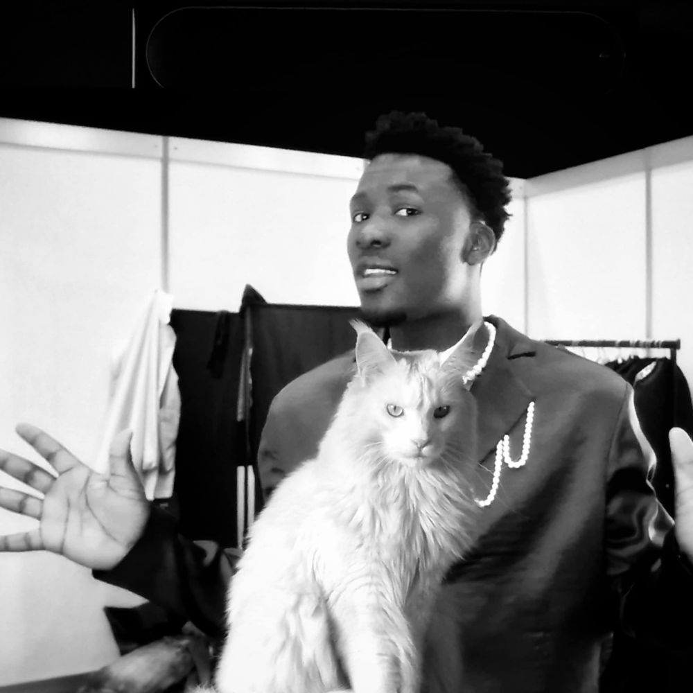 Vila, a large white Maine Coone cat, staring straight in the camera, is sitting in front of an image of a smiling Claude, the Dutch contestant for the Eurovision song contest.

The image is in black and white 