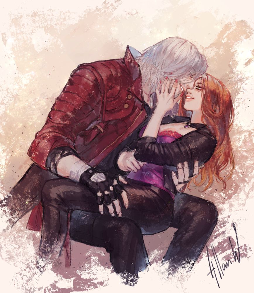 Dante from devil may cry hugs my oc, holding her on his knees
