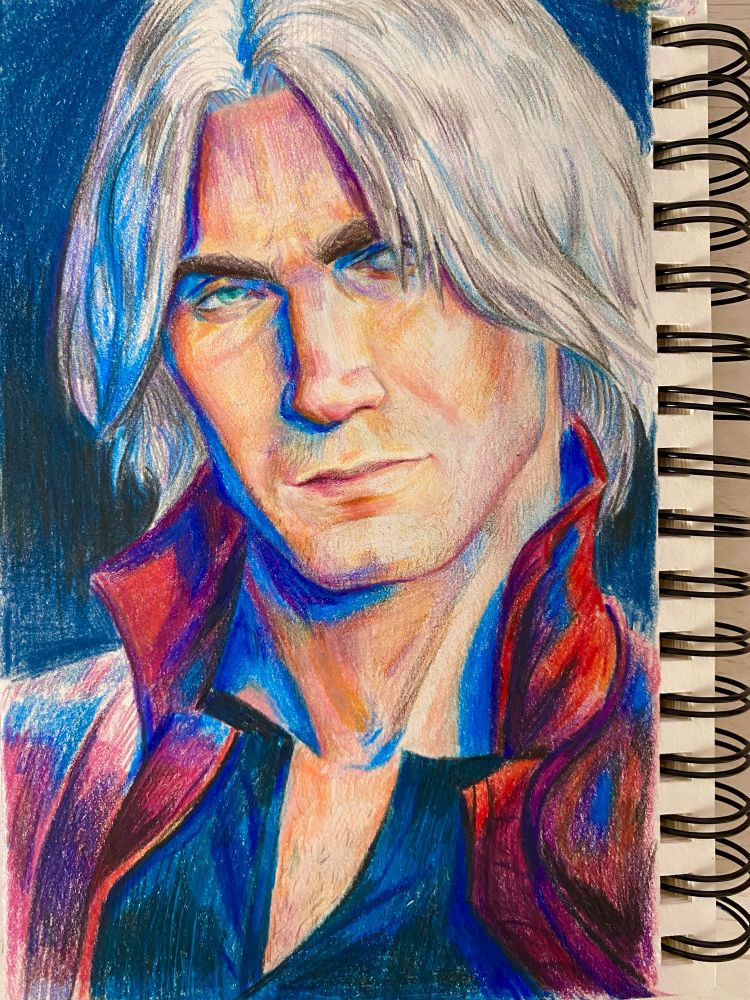 Sketch in traditional art made with color pencils. Here’s a portrait of Dante from Devil May Cry 5