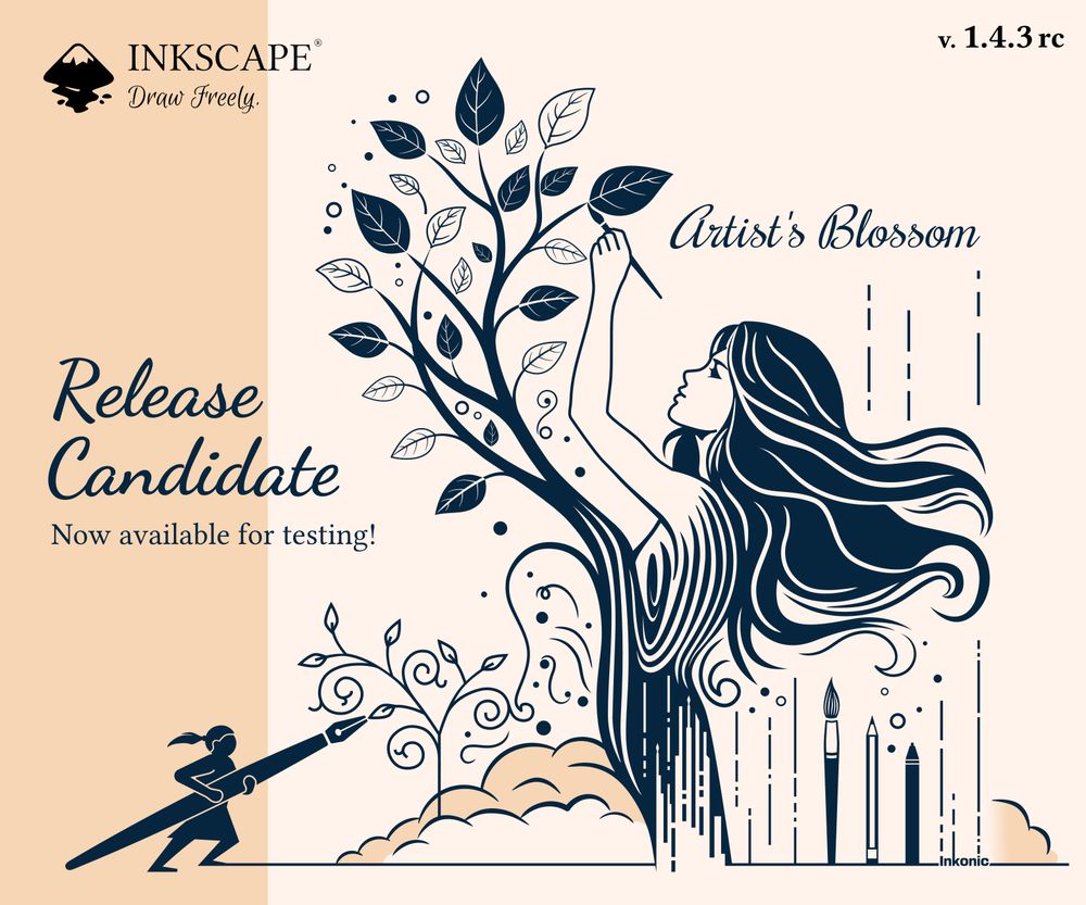 Vector art of a young woman emerging from a tree while drawing it, CC-By-SA Inkonic
Texts: Release Candidate, Now available for testing!
With subtexts: Inkscape Draw Freely & v1.4.3 rc & Artist's Blossom